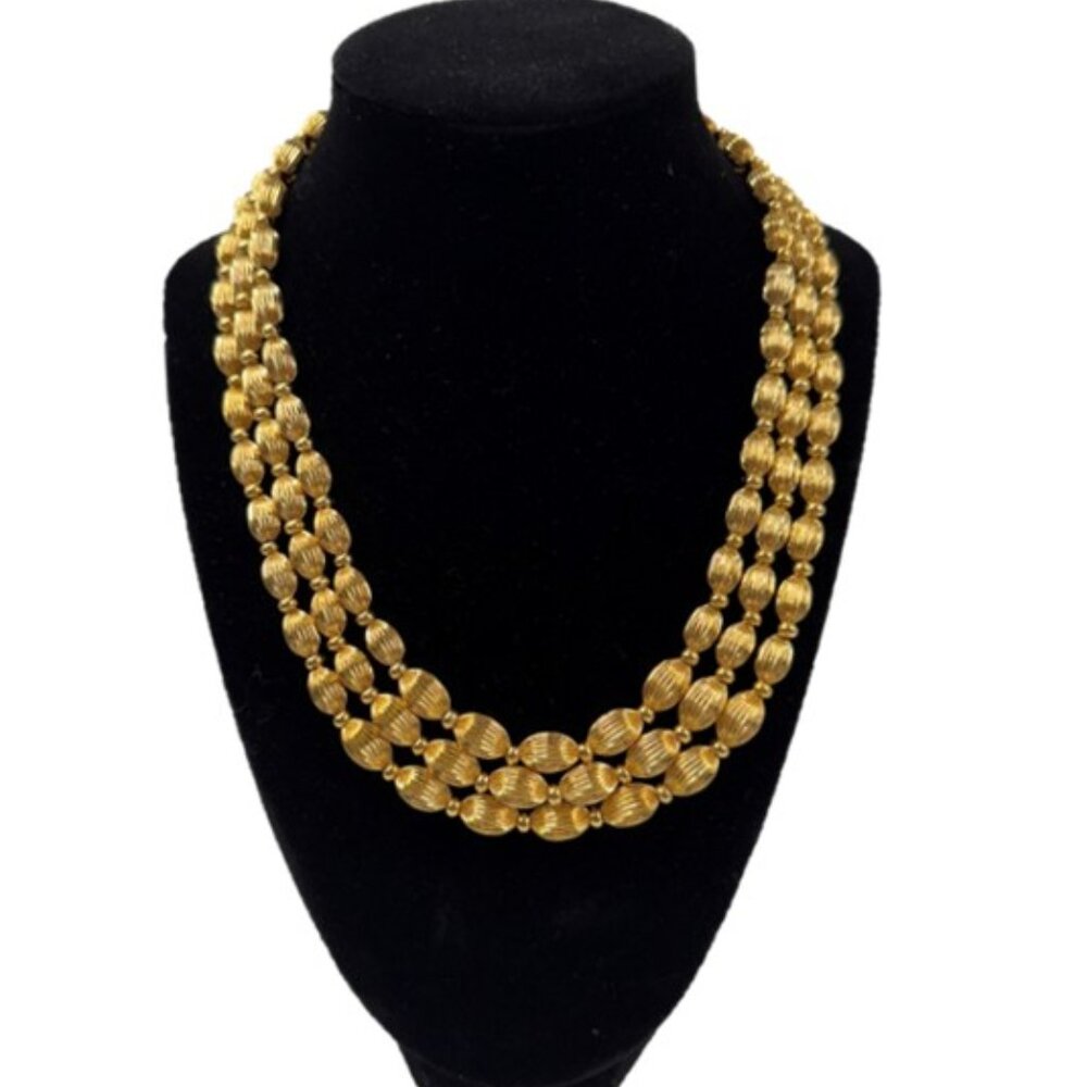 3 Strand Gold Tone Metallic Necklace